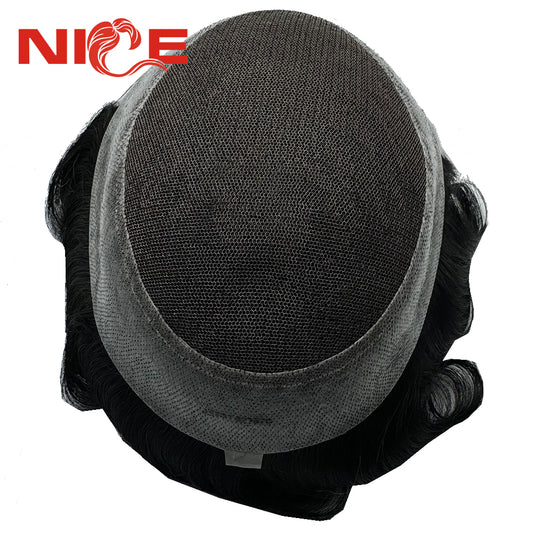 Transparent Clear Circle PU Replacement Hand Work Natural Human Hair Silk Top Base Hairpiece